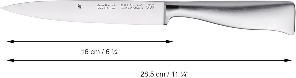 Wmf filėavimo peilis grand gourmet, ilgis 28,5 cm, ašmenų ilgis 16 cm, performance cut, pagamintas vokietijoje, kaltas specialus ašmenų plienas, nerūdijančio plieno rankena