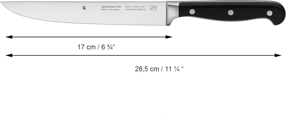Wmf filėavimo peilis Spitzenklasse Plus, ilgis 27 cm, ašmenų ilgis 17 cm, performance cut, pagamintas Vokietijoje, kaltas specialus plieno ašmuo, vientisai kniedyta plastikinė rankena