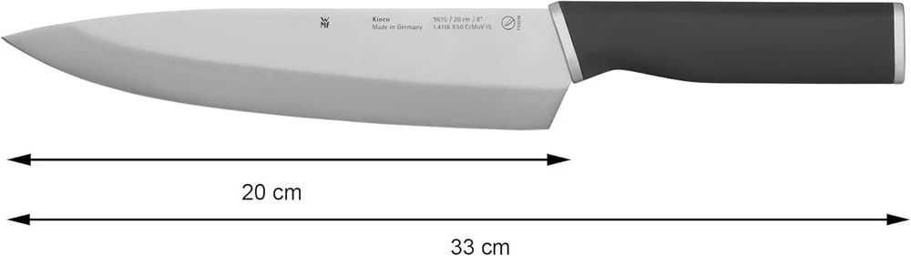 Wmf Kineo šefo peilis 33 cm, pagamintas Vokietijoje, aštrus virtuvinis peilis, Performance Cut, kinetinis dizainas, specialus plieno ašmuo, ašmenys 20 cm