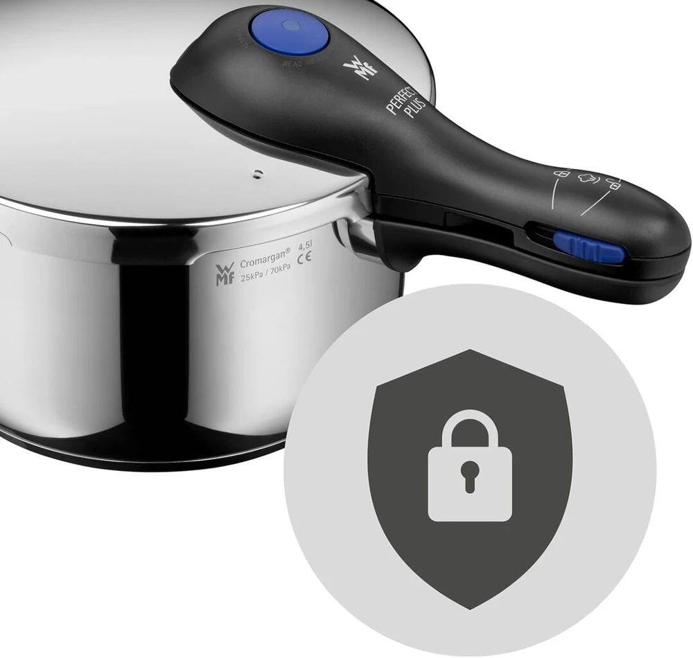 Wmf perfect plus vieno puodo greitpuodis indukcinei viryklei 4.5 l, greitpuodis su apsauga nuo liepsnos, didelis gaminimo signalas, 2 gaminimo lygiai, nuimama dangčio rankena, vienos rankos gaminimo žingsnio valdiklis
