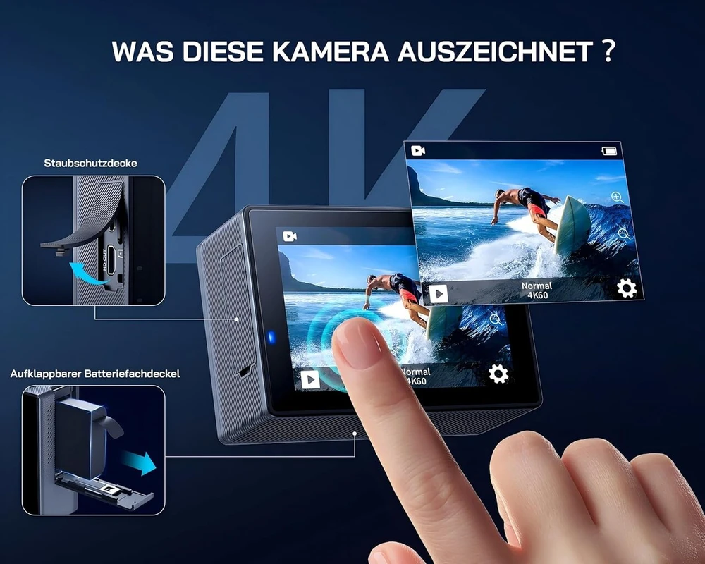 Wolfang ga300 veiksmo kamera 4k 60fps, 24 mp povandeninė kamera, wifi 24mp atspari vandeniui 2.0 ice vaizdo stabilizatorius, jutiklinis ekranas šalmo kamera, 8 x priartinimas (išorinis mikrofonas, 2 x 1350 mah baterijos ir priedų rinkinys).