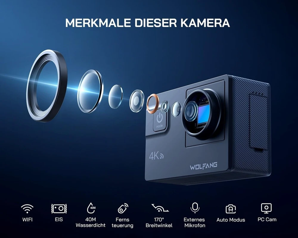 Wolfang ga300 veiksmo kamera 4k 60fps, 24 mp povandeninė kamera, wifi 24mp atspari vandeniui 2.0 ice vaizdo stabilizatorius, jutiklinis ekranas šalmo kamera, 8 x priartinimas (išorinis mikrofonas, 2 x 1350 mah baterijos ir priedų rinkinys).