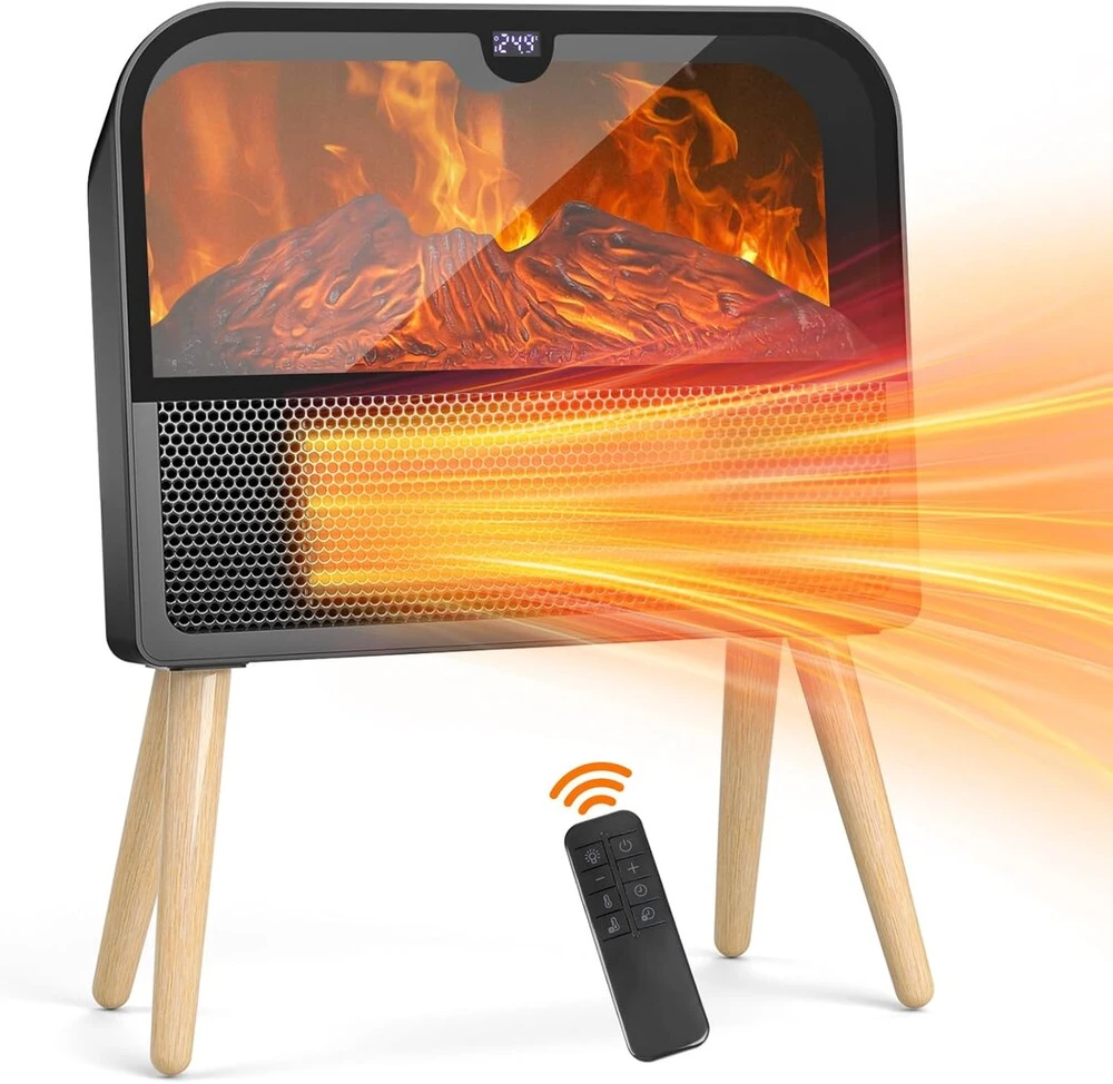 Wolintek 2000 W elektrinis židinio šildytuvas su tikroviška liepsna, greito šildymo keramikinis mažas šildytuvas su nuotoliniu valdymu ir Lcd ekranu, apsauga nuo perkaitimo ir apvirtimo, skirtas naudoti patalpose
