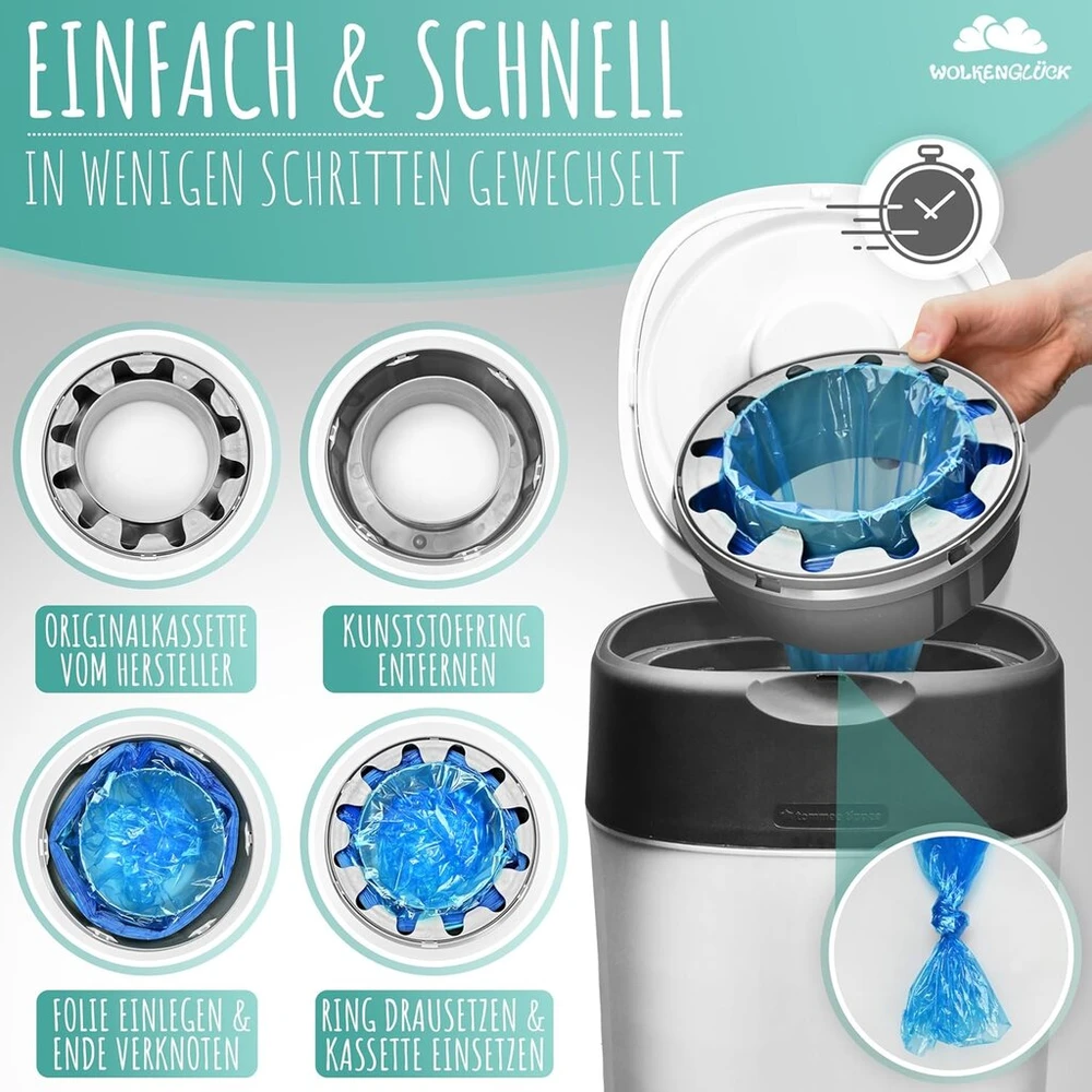 Wolkenglück® sauskelnių dėžės papildymo plėvelė [10 vnt. Xxl ilgio] – suderinama su Tommee Tippee, Littycat, Chicco, Spross & Co. sauskelnių dėžių papildymo kasetėmis – atspari plyšimui ir kvapams