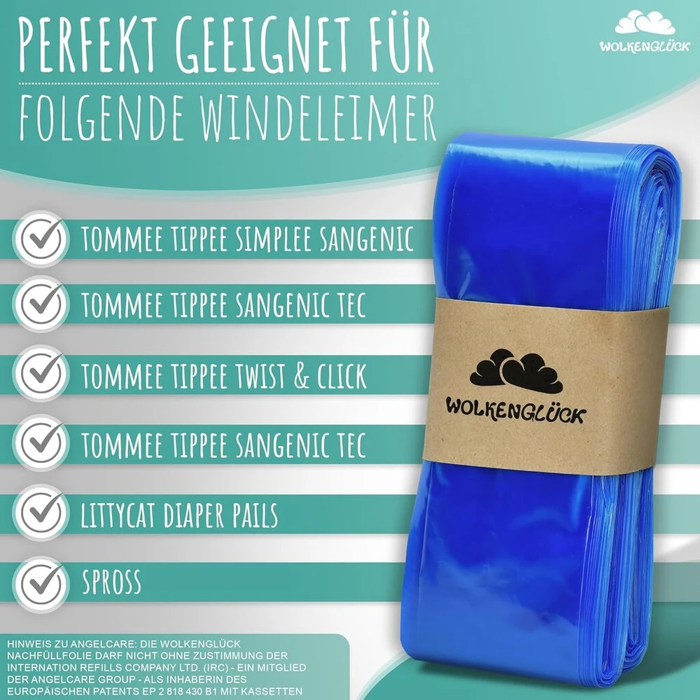 Wolkenglück® sauskelnių dėžės papildymo plėvelė [10 vnt. Xxl ilgio] – suderinama su Tommee Tippee, Littycat, Chicco, Spross & Co. sauskelnių dėžių papildymo kasetėmis – atspari plyšimui ir kvapams