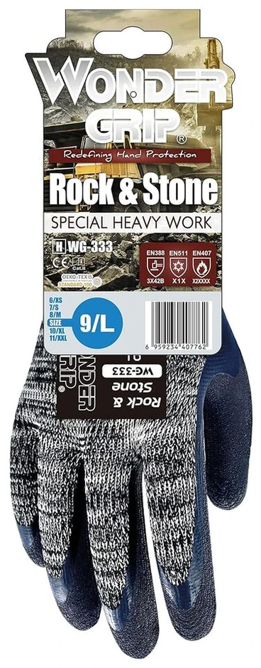 Wonder Grip Wg-333 Rock & Stone darbo pirštinės su dviguba latekso danga, atsparios įpjovimams, apsaugančios nuo šalčio, karščiui atsparios pirštinės patikimam sukibimui, dydis L/9, pilkos ir juodos