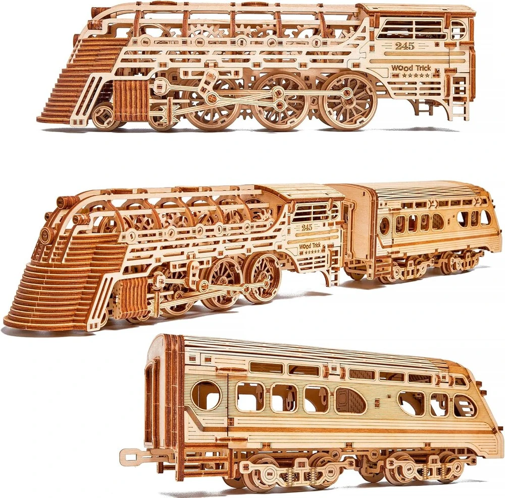 Wood Trick Atlantic Express traukinys 3d mediniai galvosūkiai suaugusiems ir vaikams konstruoti - 67,8 x 10,1 cm - važiuoja iki 2,7 metro - mechaninis lokomotyvo modelio rinkinys suaugusiems ir vaikams