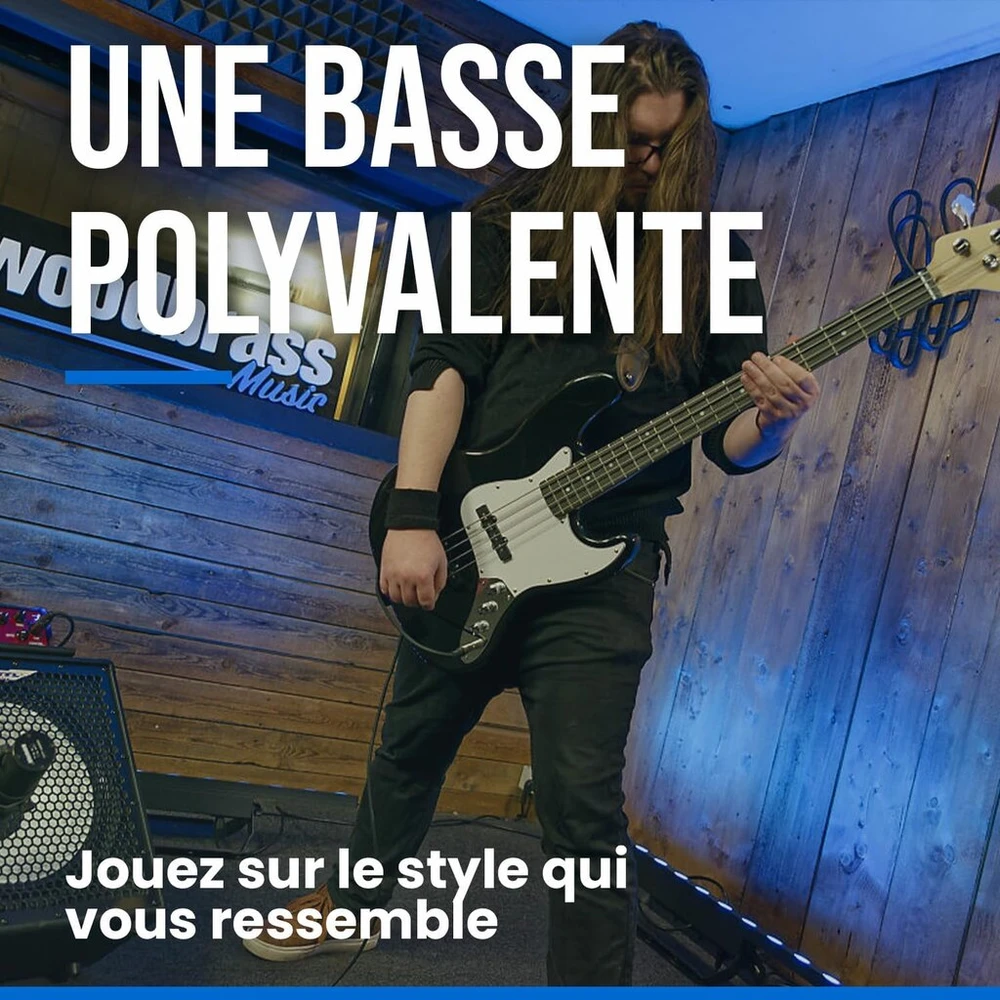 Woodbrass Jb100 elektrinė bosinė gitara, juoda, universalus bosas, idealiai tinkantis pradedantiesiems, Jb korpusas, klevo grifas, rock, pop, funk, country, hard metal