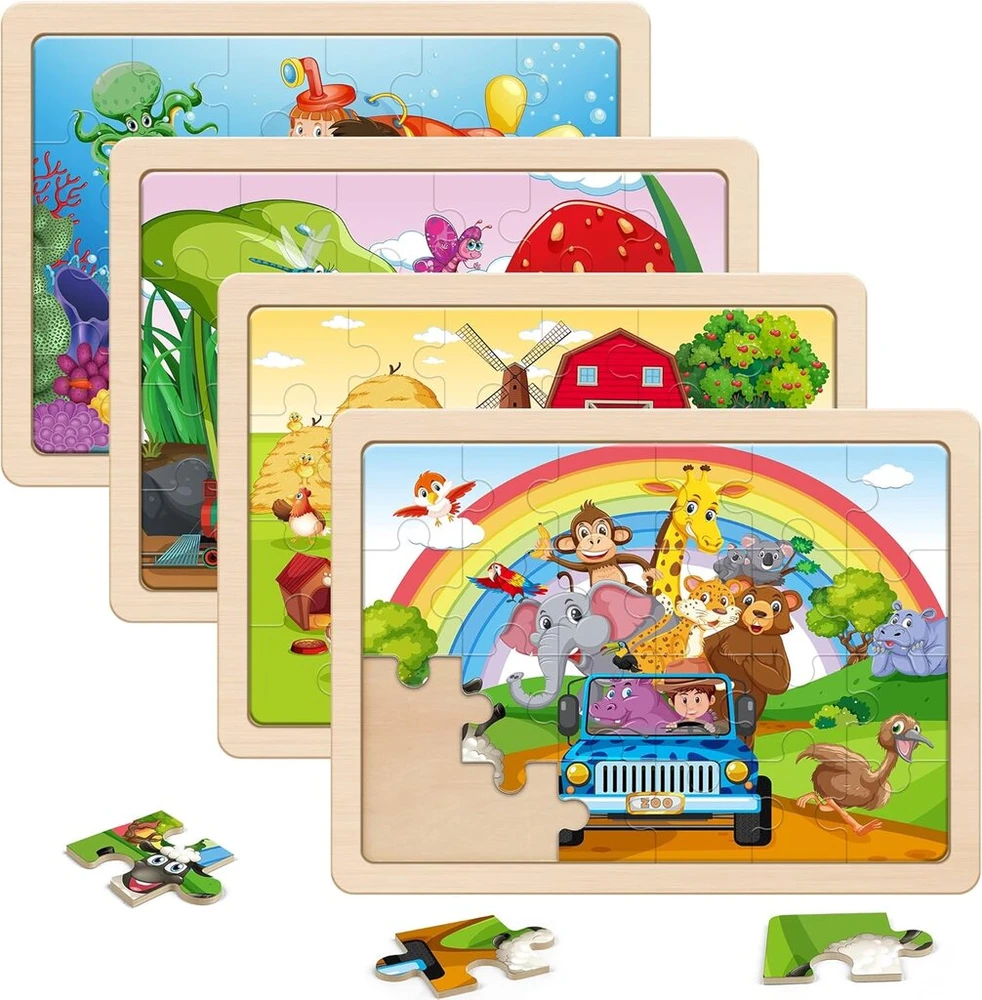 Wooden city Medinės gyvūnų dėlionės vaikams 3-8 m. (4 x 24 detalių)