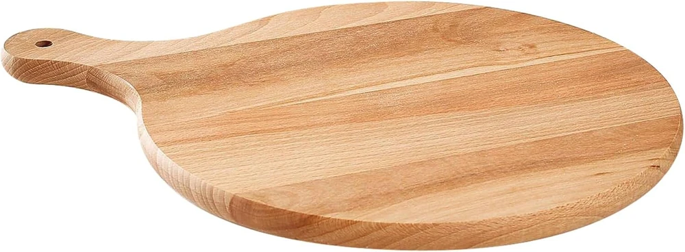 Wooden World - apvali picos lėkštė, medinė pjaustymo lenta su rankena picai patiekti, 35 cm skersmens