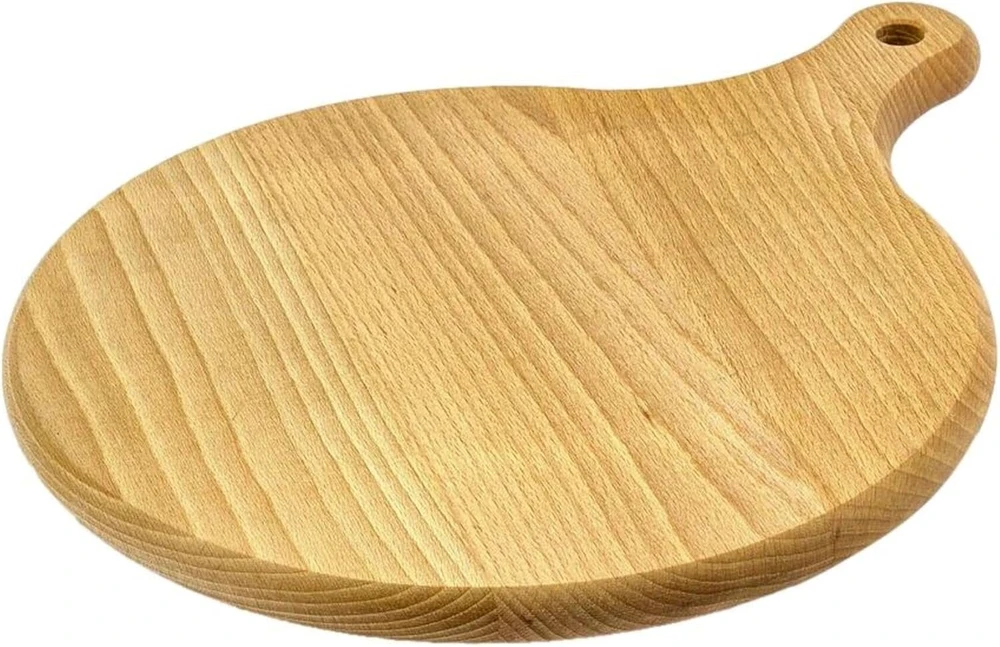 Wooden World - apvali picos lėkštė, medinė pjaustymo lenta su rankena picai patiekti, 35 cm skersmens