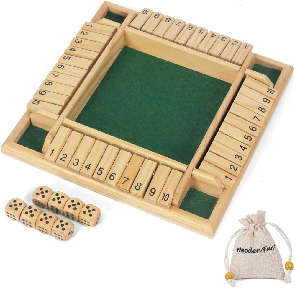 Woodenfun uždaryk dėžę žaidimas 2-4 žaidėjams su 8 kauliukais, medinis stalo žaidimas, vakarėlių žaidimas, kauliukų žaidimas, matematiniai žaidimai vaikams ir suaugusiems