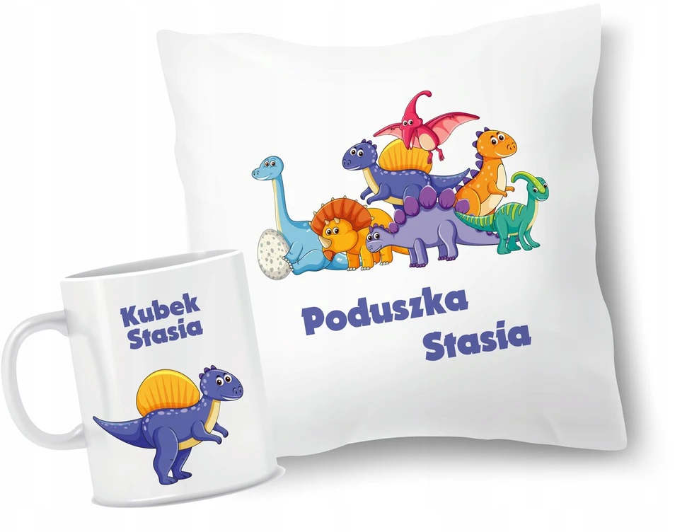 Woodman rinkinys pagalvė + puodelis dinozaurai grafika + jūsų vardas