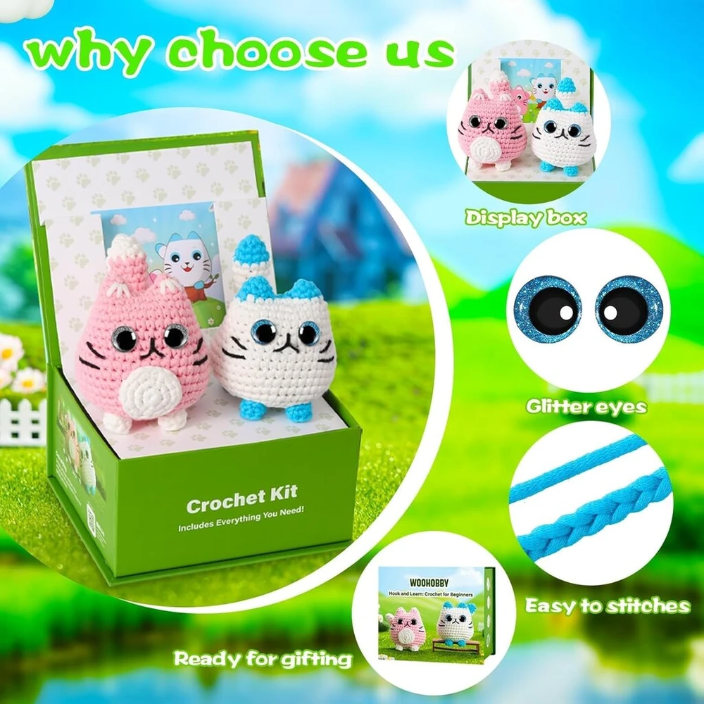 Woohobby nėrimo rinkinys pradedantiesiems ir suaugusiems, žingsnis po žingsnio vaizdo pamokos, 2 vnt., katės nėrimo gyvūnų rinkinys su pradedančiųjų siūlais nėrimui, 2 spausdintos instrukcijos amatų mėgėjams