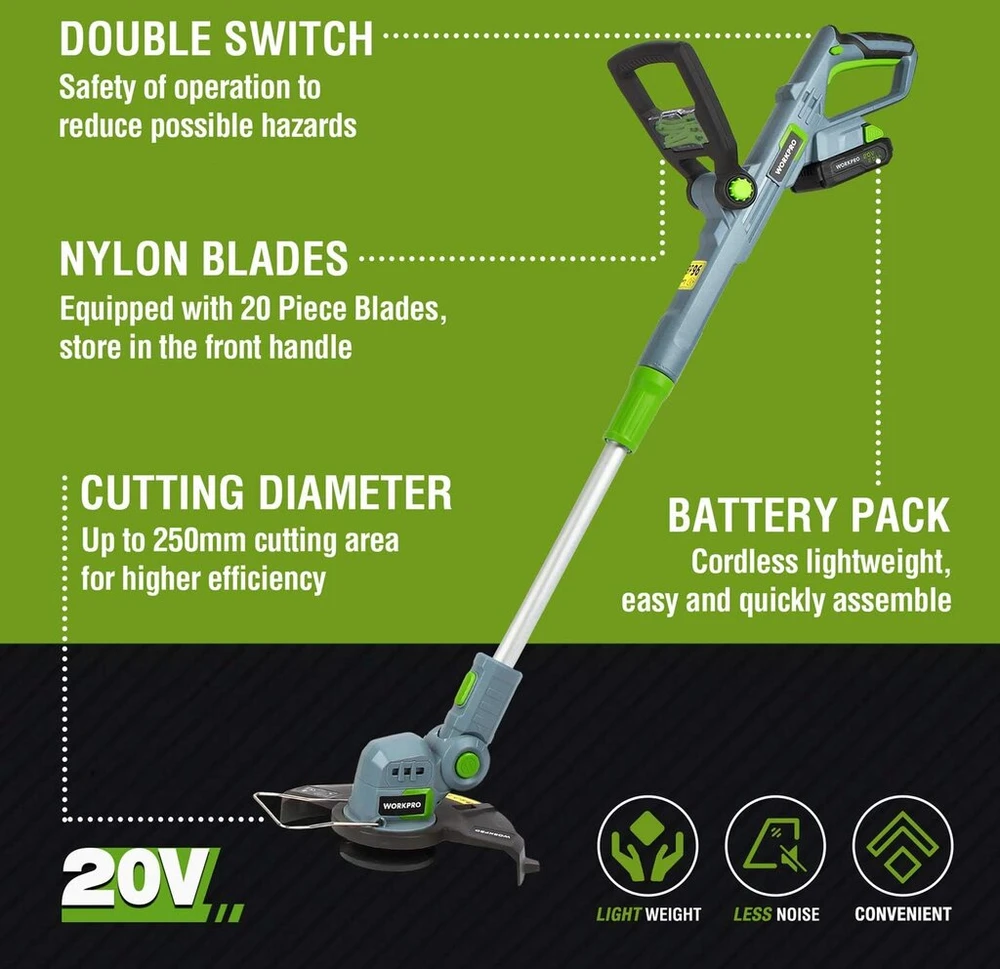 Workpro akumuliatorinis vejos pjoviklis 20 V su 2,0 Ah akumuliatoriumi ir greituoju įkrovikliu, 25 cm pjovimo plotis, 90° besisukanti trimerio galvutė, teleskopinė rankena, 20 dalių, įskaitant nailoninę mentę sodui