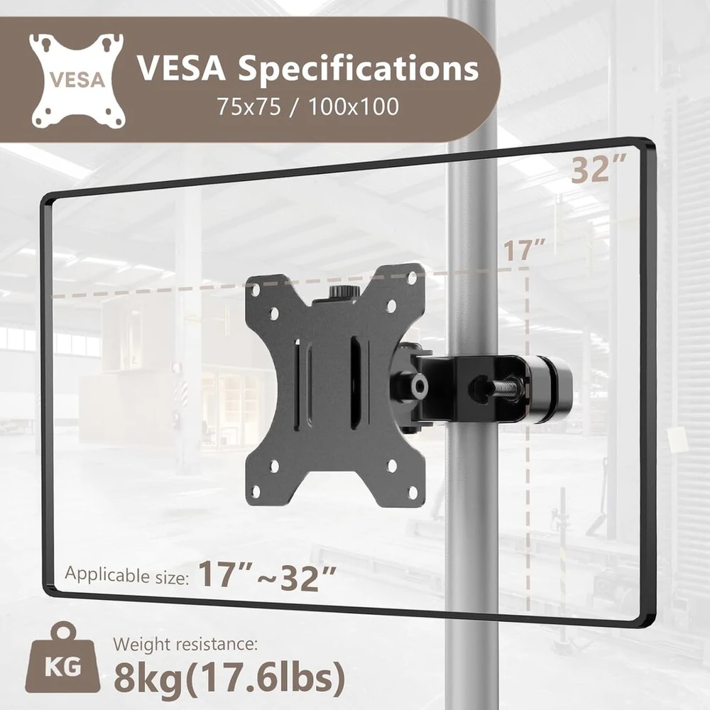 Worldlift universalus monitoriaus laikiklis vamzdžiams 28-60 mm - monitoriams 17-32 colių (iki 8kg) - pilnai judinamas su vesa 75 x 75 ir 100 x 100 mm - lengvai montuojamas ant stulpų ir kolonų