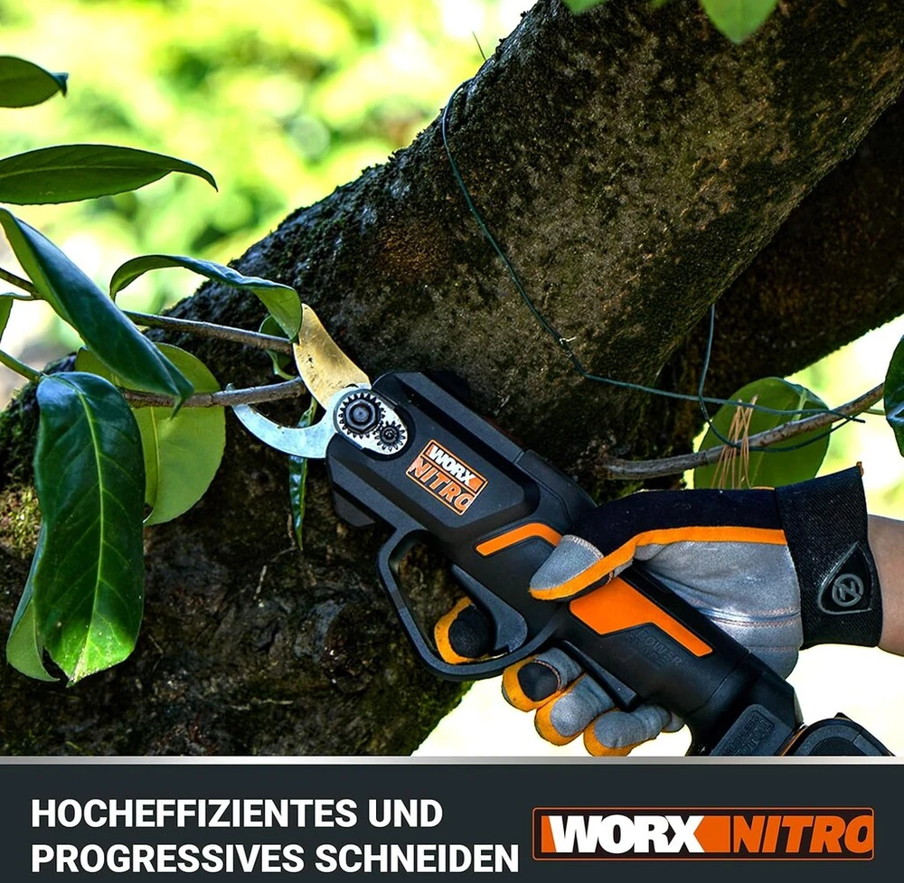 Worx Nitro Wg330e.9 akumuliatorinės genėjimo žirklės 20 V - lengvas pjovimas dėl elektrinės pavaros, bešepetėlinis variklis, be akumuliatoriaus ir įkroviklio, juodos/oranžinės