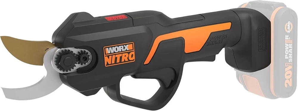 Worx Nitro Wg330e.9 akumuliatorinės genėjimo žirklės 20 V - lengvas pjovimas dėl elektrinės pavaros, bešepetėlinis variklis, be akumuliatoriaus ir įkroviklio, juodos/oranžinės