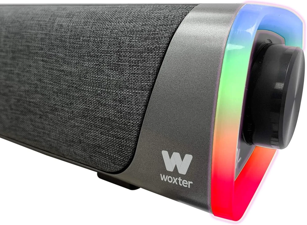 Kompiuterio kolonėlės Woxter Big Bass 320 Soundbar garso juosta su 18w galia (rgb apšvietimas, 3.5mm Pc/ps4/XBOX/tv/telefonui/planšetei) maitinamas per Usb (juoda)