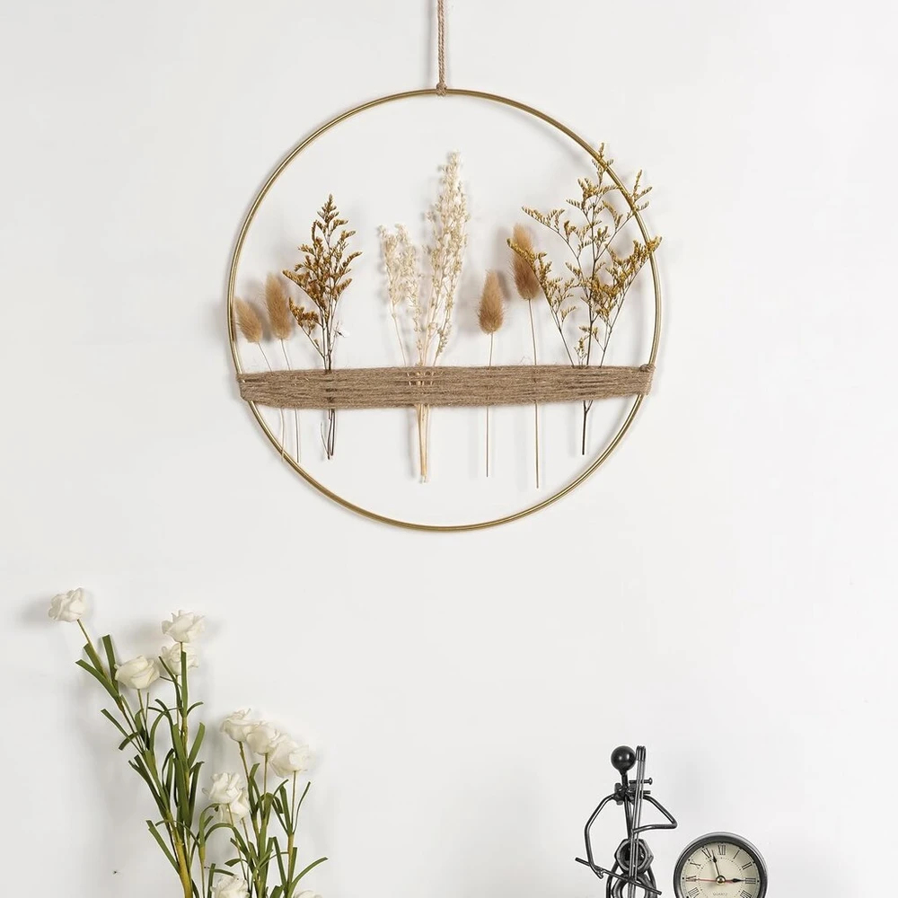 Wpajirzo Džiovintų gėlių vainikas 30 cm metalinis žiedas su džiovintomis gėlėmis kabantis boho sienų dekoravimas pavasario vasaros svetainės gėlių vainikas durų vainikas visus metus langų dekoravimas džiovintų gėlių žiedas