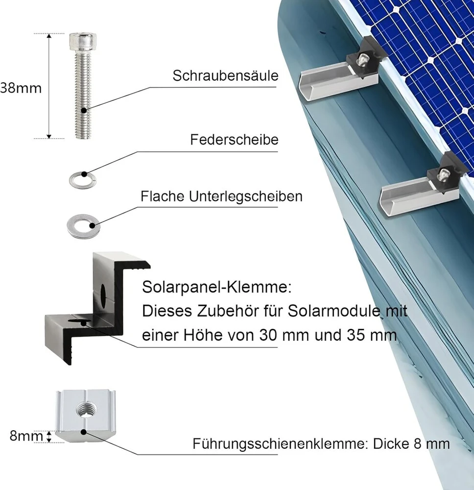 Wufanc saulės kolektorių laikiklis - saulės kolektorių laikiklis su 12 cm bėgeliais saulės kolektoriams - reguliuojami galiniai spaustuvai 30 mm juodi, skirti 30-35 mm storio moduliams - tinka plokščiam stogui ir trapecinei skardai