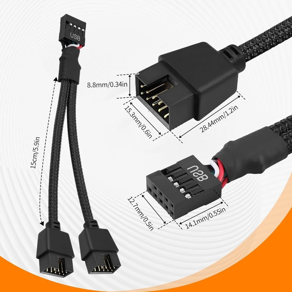 Wuiowppic 2 vnt. Usb 2.0 9 kontaktų moteriškas į dvigubą ilgintuvą/9 kontaktų vyriškas 9 kontaktų Usb 2.0 pagrindinės plokštės nailoninis pintas kabelis kompiuterio vidinei pagrindinei plokštei, juodas