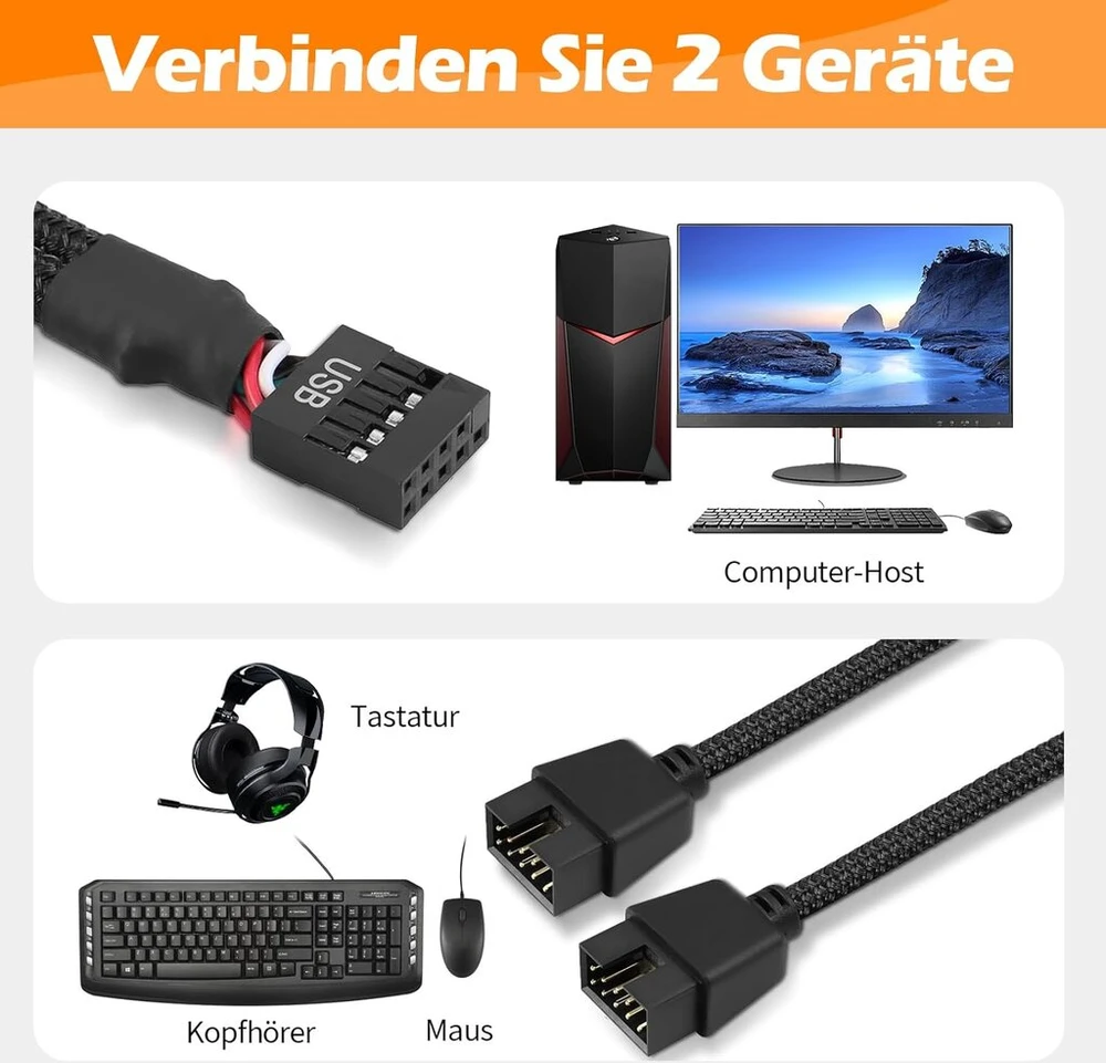 Wuiowppic 2 vnt. Usb 2.0 9 kontaktų moteriškas į dvigubą ilgintuvą/9 kontaktų vyriškas 9 kontaktų Usb 2.0 pagrindinės plokštės nailoninis pintas kabelis kompiuterio vidinei pagrindinei plokštei, juodas