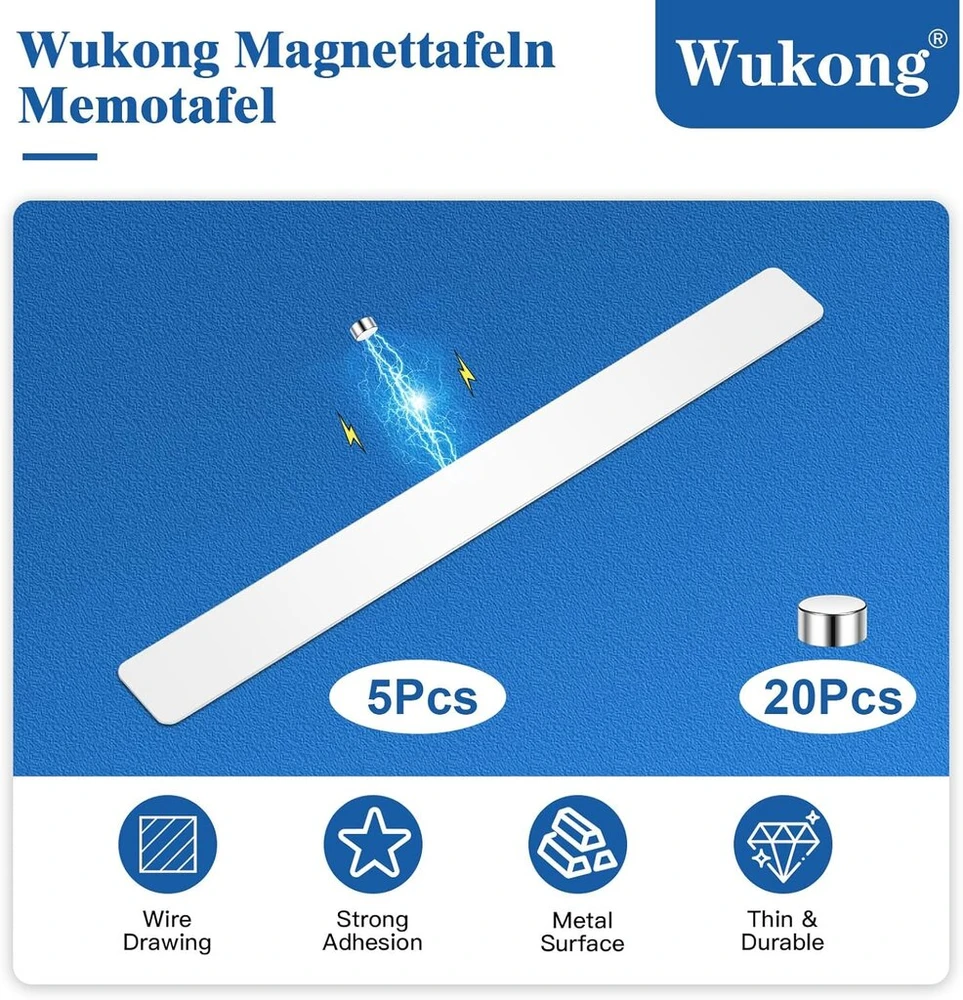Wukong magnetinė atmintinė lenta 30 x 4 mm, 5 vnt. lipnių magnetinių juostelių su 20 vnt. 5 x 3 mm neodimio magnetais, stipri biurui, skelbimų lentai, nuotraukų sienai, dokumentams (balta)