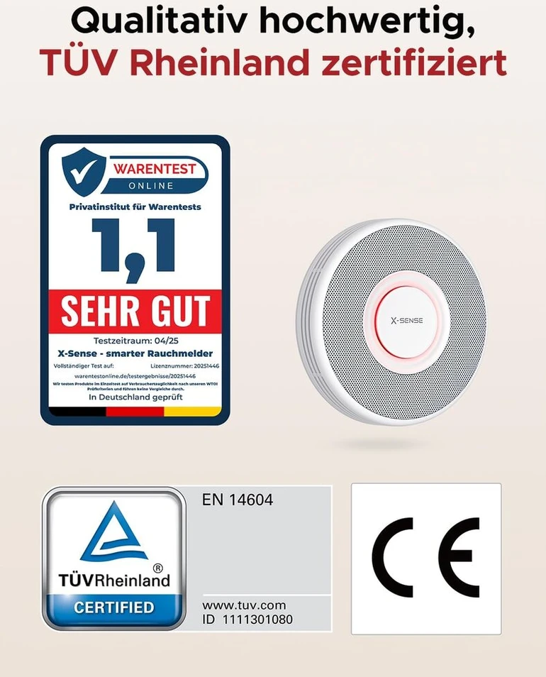 X-sense Xs0b-mr31 išmanusis dūmų detektorius Wlan su balso išvestimi ir 17 vietų, gaisro detektorius, tinklinis dūmų detektorius, 33 mm, gaisro signalizacija su Sbs50 bazine stotimi, 3 vnt.