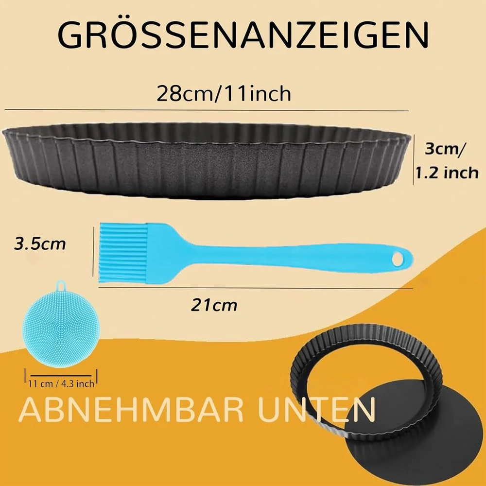 Xanewza Quiche forma 28 cm, pyrago forma su pakeliamu pagrindu, nelimpanti quiche kepimo skarda, apvali, banguotu kraštu, vaisių pyrago skarda, pyrago pagrindas, kepimo forma, tamsiai pilka, skirta quiche, tartaletėms, pyragams, plieninė