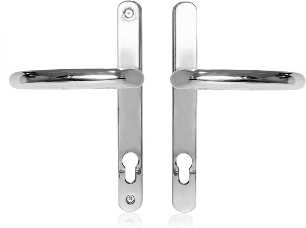 Xfort Uros Upvc poliruoto chromo durų rankena (pz 92 mm, 211 mm atstumas tarp varžtų skylių, 243 mm bendras ilgis) ilga aliuminio pagrindo plokštė Upvc priekinių durų rankena