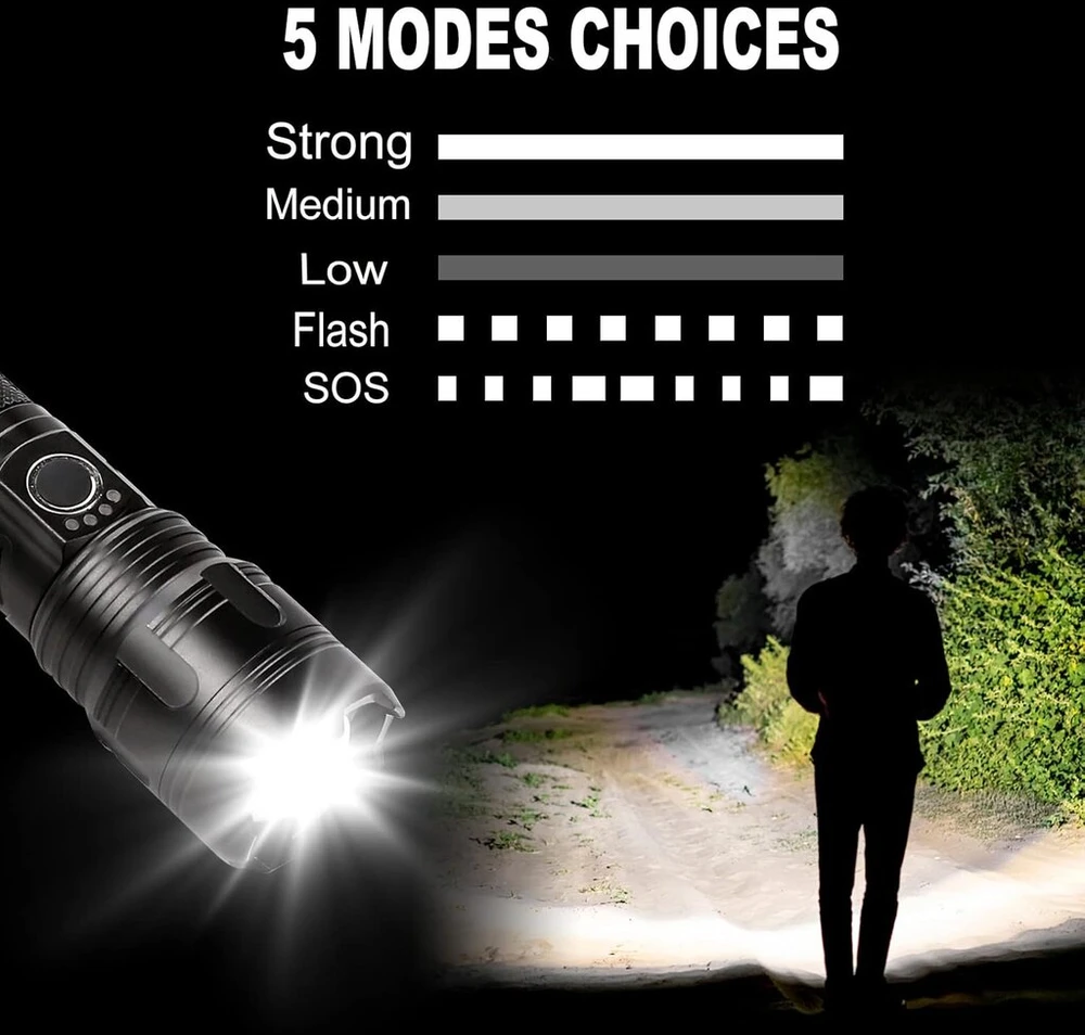 Xhp70 Led įkraunamas žibintuvėlis 200 000 liumenų Led žibintuvėlis itin ryškus vandeniui atsparus taktinis žibintuvėlis maitinamas baterijomis 5 šviesos režimai žibintuvėlis stovyklavimui žygiams ekstremalioms situacijoms (juodas)