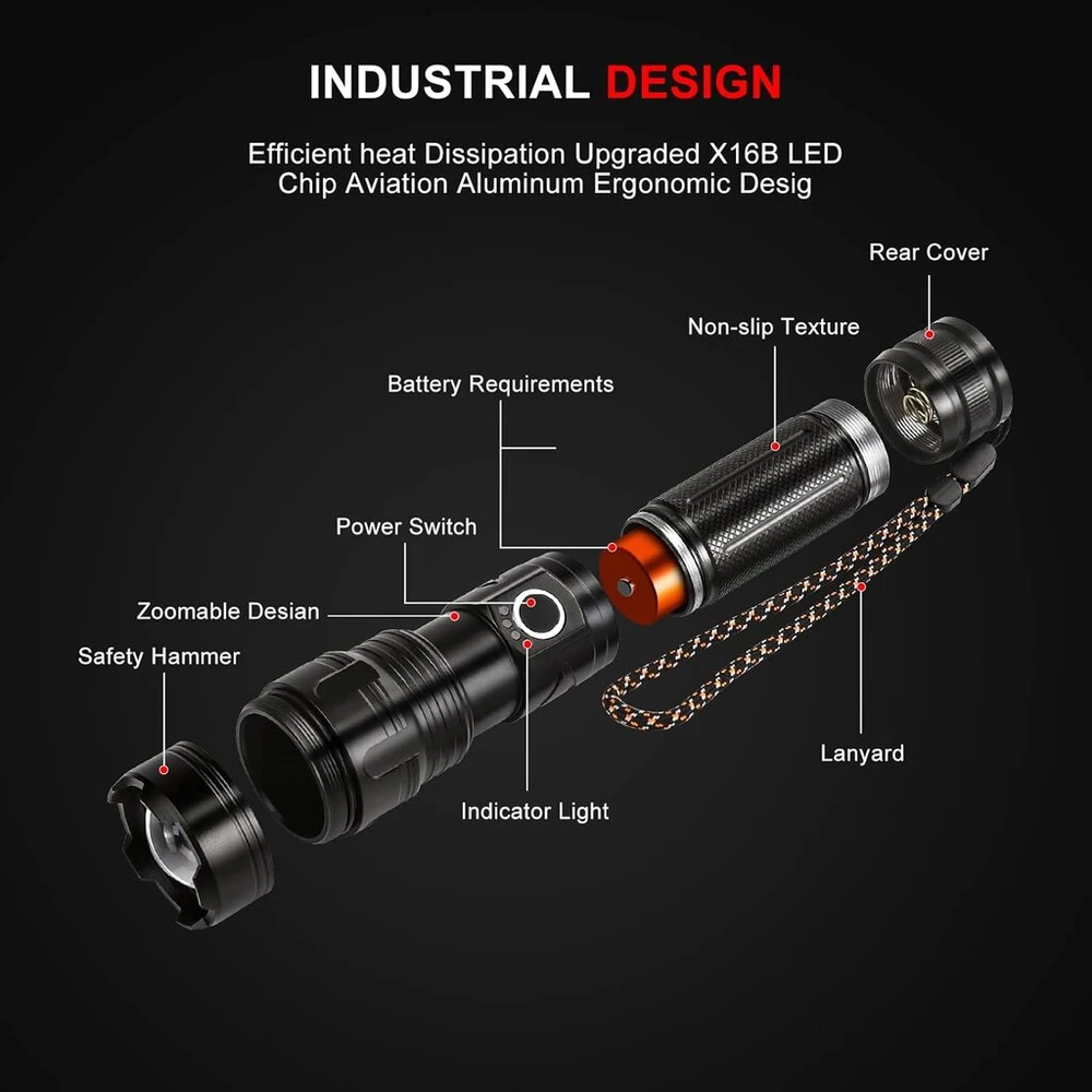 Xhp70 Led įkraunamas žibintuvėlis 200 000 liumenų Led žibintuvėlis itin ryškus vandeniui atsparus taktinis žibintuvėlis maitinamas baterijomis 5 šviesos režimai žibintuvėlis stovyklavimui žygiams ekstremalioms situacijoms (juodas)
