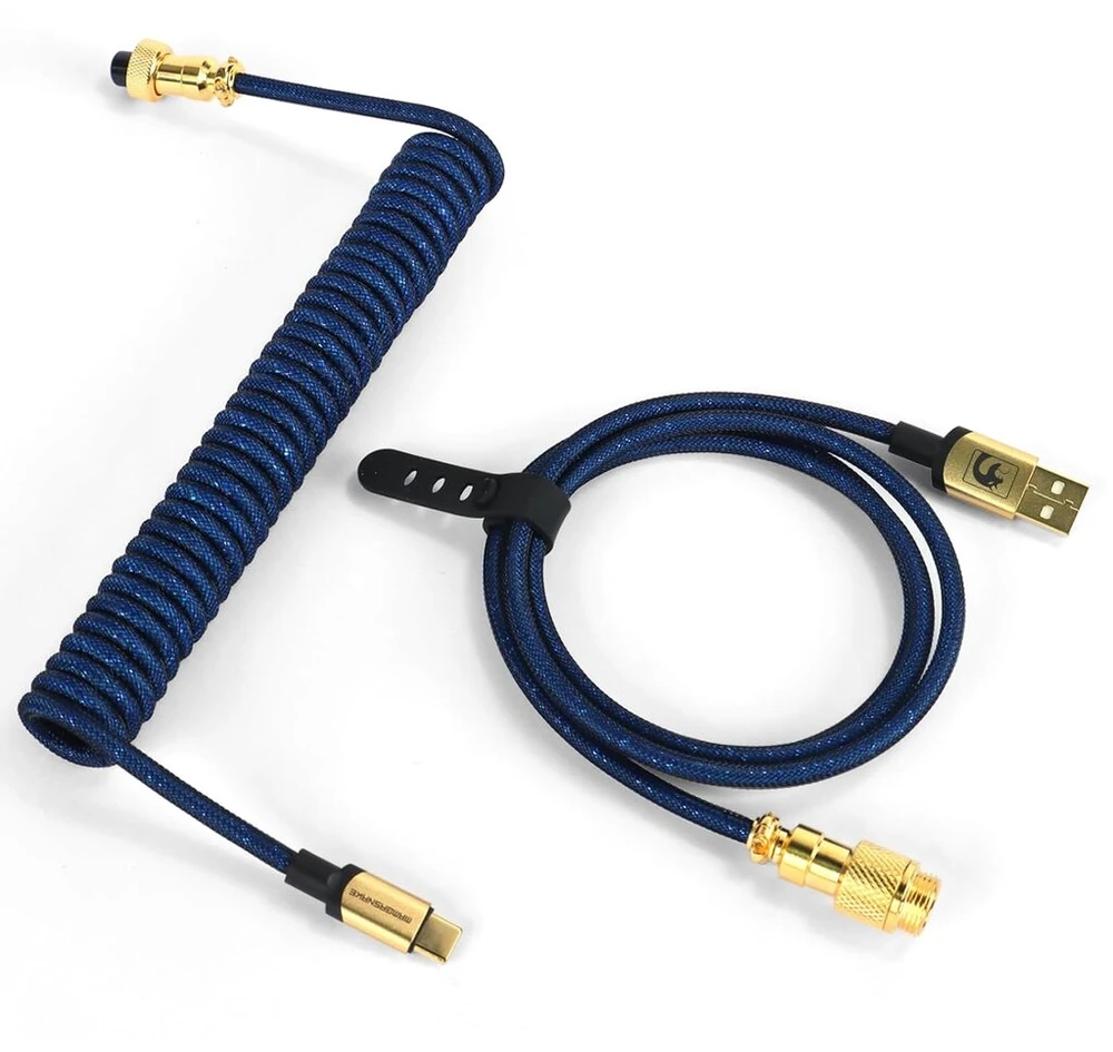 Xinmeng C03 spiralinis klaviatūros kabelis su pynimu, profesionalus Usb-c dvigubo apvalkalo aviacinis kabelis žaidimų klaviatūrai, Type-c į Usb-a su nuimama metaline aviacine jungtimi mechaninei klaviatūrai - mėlynas