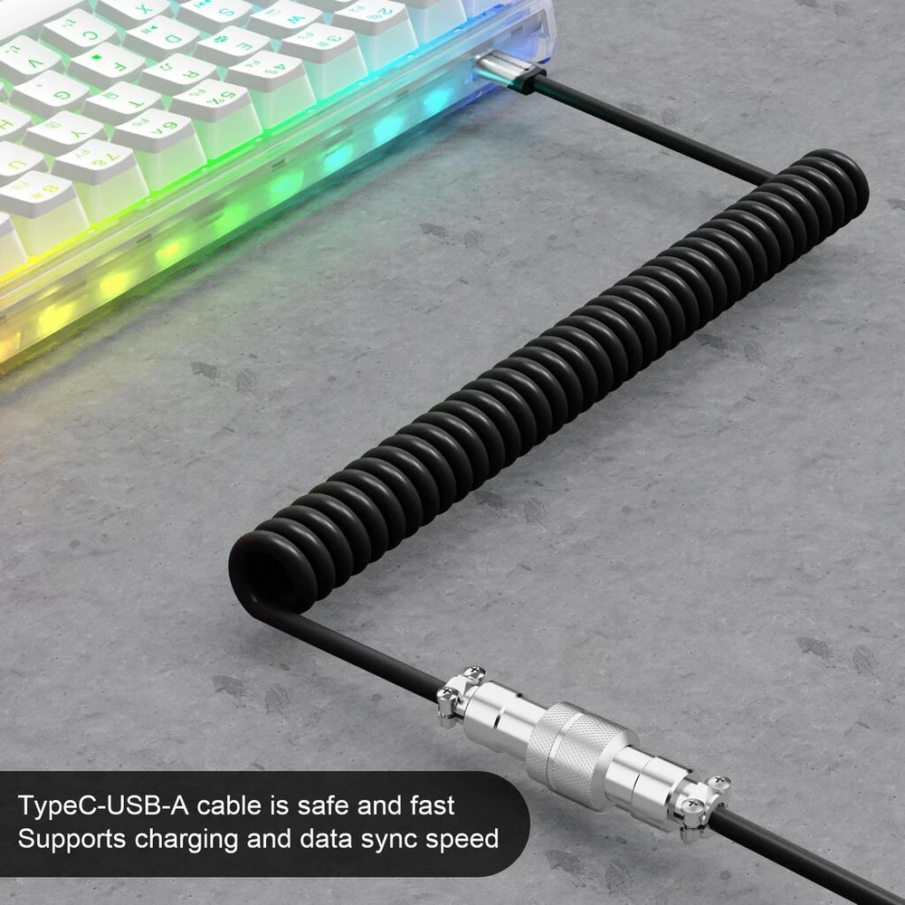 Xinmeng X Mambasnake C01 spiralinis klaviatūros kabelis, type-c į usb-a hyperspeed linija su 8 khz grįžimo dažniu žaidimų klaviatūrai, tpu custom usb-c kabelis su metaline aviacija, pc/phone juodas