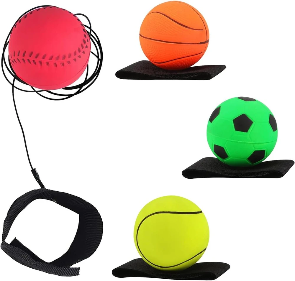 Xintangxia 4 kamuoliukų su virvele rinkinys su elastine juostele vaikams ir suaugusiems: futbolas, krepšinis, teniso kamuoliukas, beisbolas