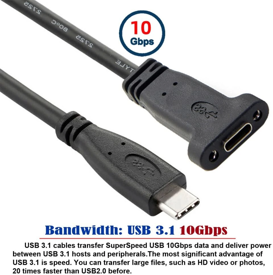 Xiwai Type-c moteriškas kabelis usb-c usb 3.1 type c vyriškas į moterišką duomenų ilgintuvo kabelis su panelės montavimo varžto skylute