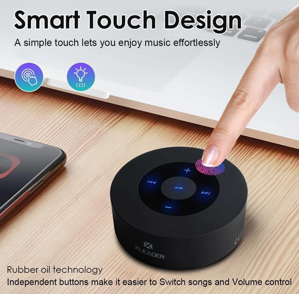 Kompiuterio kolonėlės Xleader Bluetooth kolonėlė, maža muzikos dėžutė su išmaniuoju jutikliniu mini bluetooth garsiakalbiu, atsparus vandeniui radijas dušui, dovanos mergaitėms, berniukams, vyrams, moterims, vaikams (juoda)