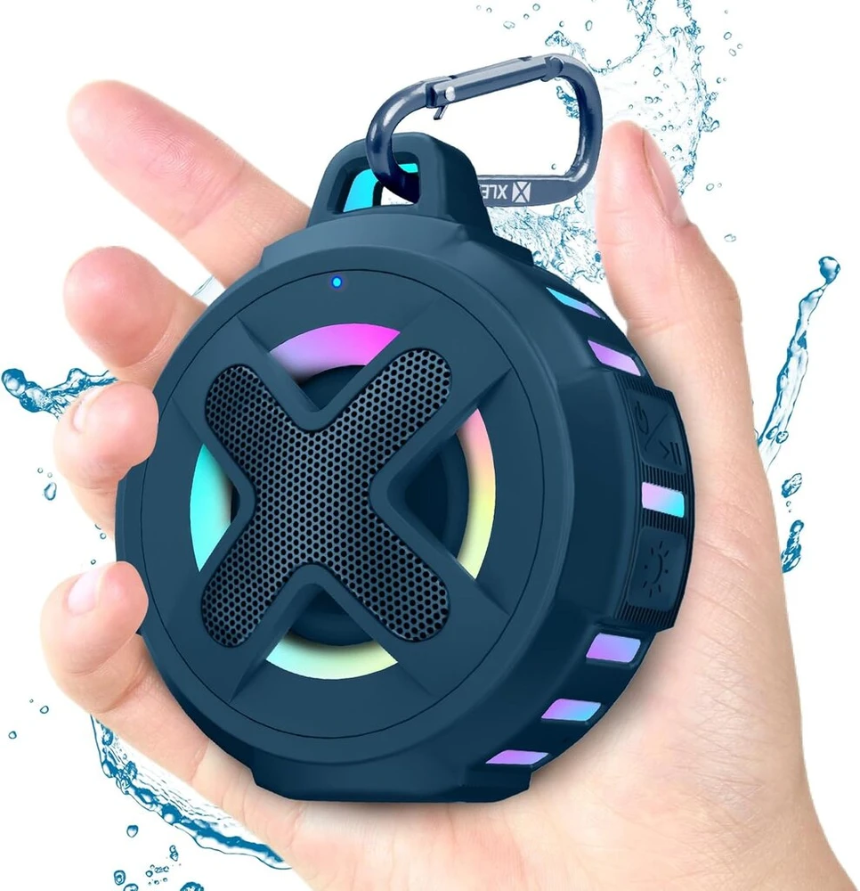 Kompiuterio kolonėlės Xleader mažas nešiojamas bluetooth garsiakalbis, sertifikuotas ipx7 atsparus vandeniui plaukiojantis garsiakalbis dušui, baseinui, paplūdimiui su šviesomis, spaustuku, mikrofonu, bassup, golfo reikmenys, dovanos, ežero mėlynumo