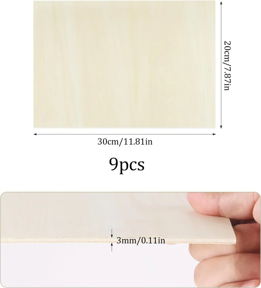 Xmart 9 vnt. 300 x 200 x 3 mm faneros A4 liepos medienos plokštės amatų medinė lenta "pasidaryk pats" medienos gaminiai, skirti dažymo modelių gamybai, lazerinio pjaustytuvo medienos dekoratyvinė dovana, lygaus paviršiaus, universalus
