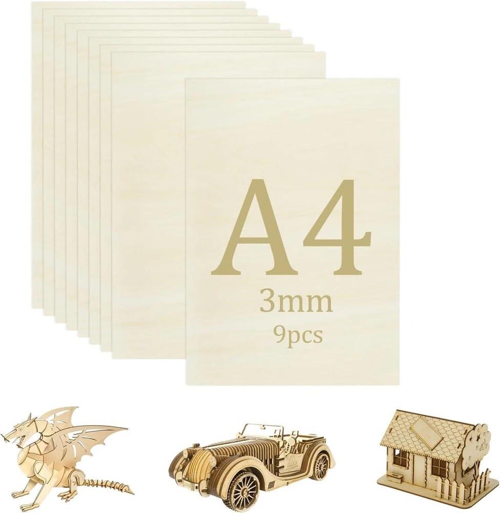 Xmart 9 vnt. 300 x 200 x 3 mm faneros A4 liepos medienos plokštės amatų medinė lenta "pasidaryk pats" medienos gaminiai, skirti dažymo modelių gamybai, lazerinio pjaustytuvo medienos dekoratyvinė dovana, lygaus paviršiaus, universalus
