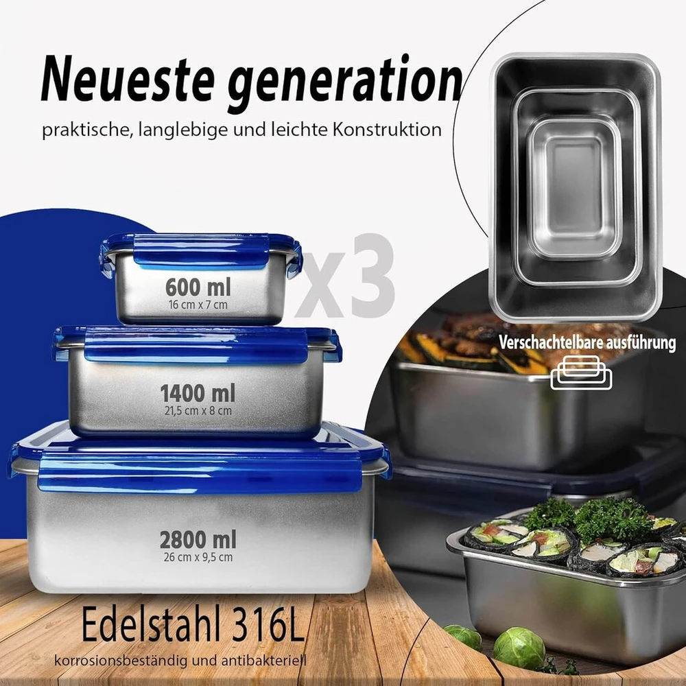 Xsquo Useful Tech 3 dalių 316 nerūdijančio plieno bento priešpiečių dėžutė, tinkama mikrobangų krosnelei, šaldytuvui, 2800 ml, 1400 ml, 600 ml, stovyklavimo priešpiečių dėžutė, priešpiečių dėžutė biurui, Vital Tools serijos bento