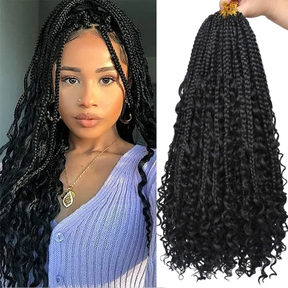 Xtrend 18 colių 8 pakuotės boho box pynutės nertos plaukai su garbanotais galais 15 sruogų/pakuotėje iš anksto užrištos juodos netvarkingos goddess box pynutės plaukų priauginimui vienos sintetinės bob goddess locs plaukai
