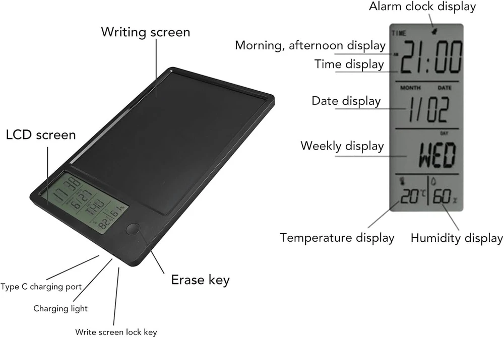 Xumiuziy 10 colių Lcd rašymo planšetė, Lcd rašymo bloknotas, įkraunamas, ištrinamas, daugkartinio naudojimo, elektroninė piešimo planšetė su skaitmeniniu laikrodžiu, kalendorius biurui, verslui, namams
