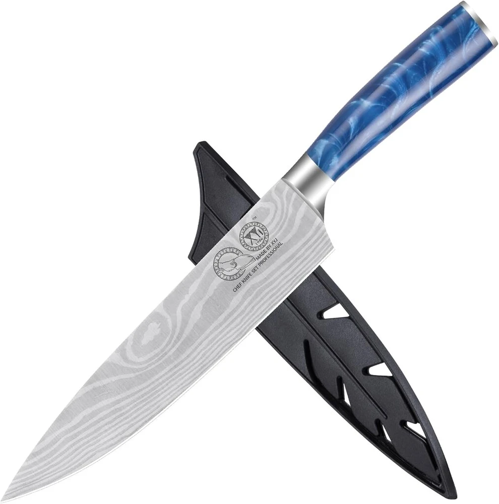 Xyj Authentic Since 1986, japoniškas šefo peilis 8 colių vein damascus rašto nerūdijančio plieno pjaustymo peilis, virtuvės įrankis, profesionalus šefo peilis su dėklu, skirtas stovyklavimui lauke ir kepsninei
