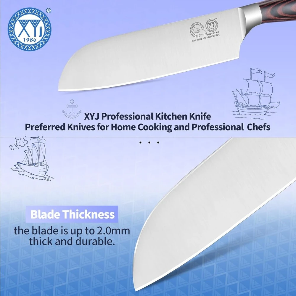 Xyj profesionalus japoniškas santoku peilis su plastikine įmaute, 17,78 cm daržovių virtuvinis peilis, nerūdijantis plienas, peilis mėsai pjaustyti, pakka medienos rankena, mėsmalė stovyklavimui lauke
