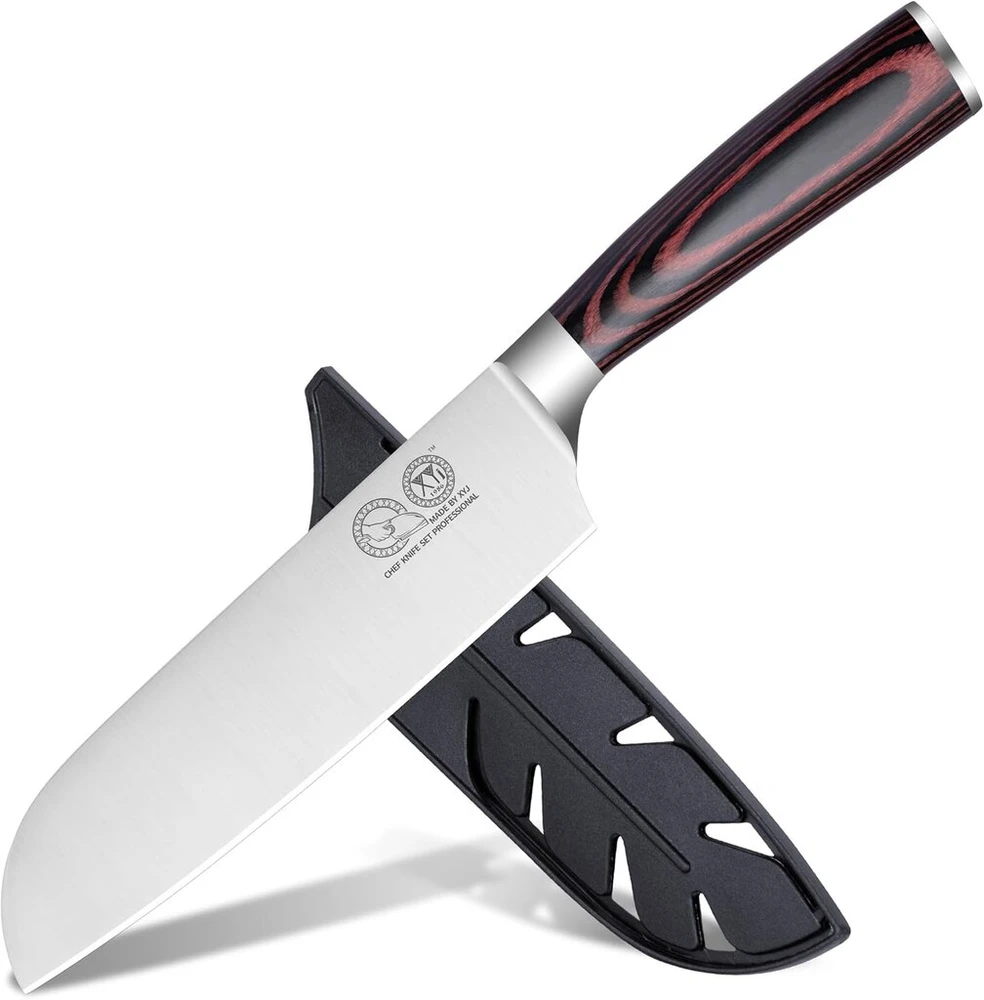Xyj profesionalus japoniškas santoku peilis su plastikine įmaute, 17,78 cm daržovių virtuvinis peilis, nerūdijantis plienas, peilis mėsai pjaustyti, pakka medienos rankena, mėsmalė stovyklavimui lauke