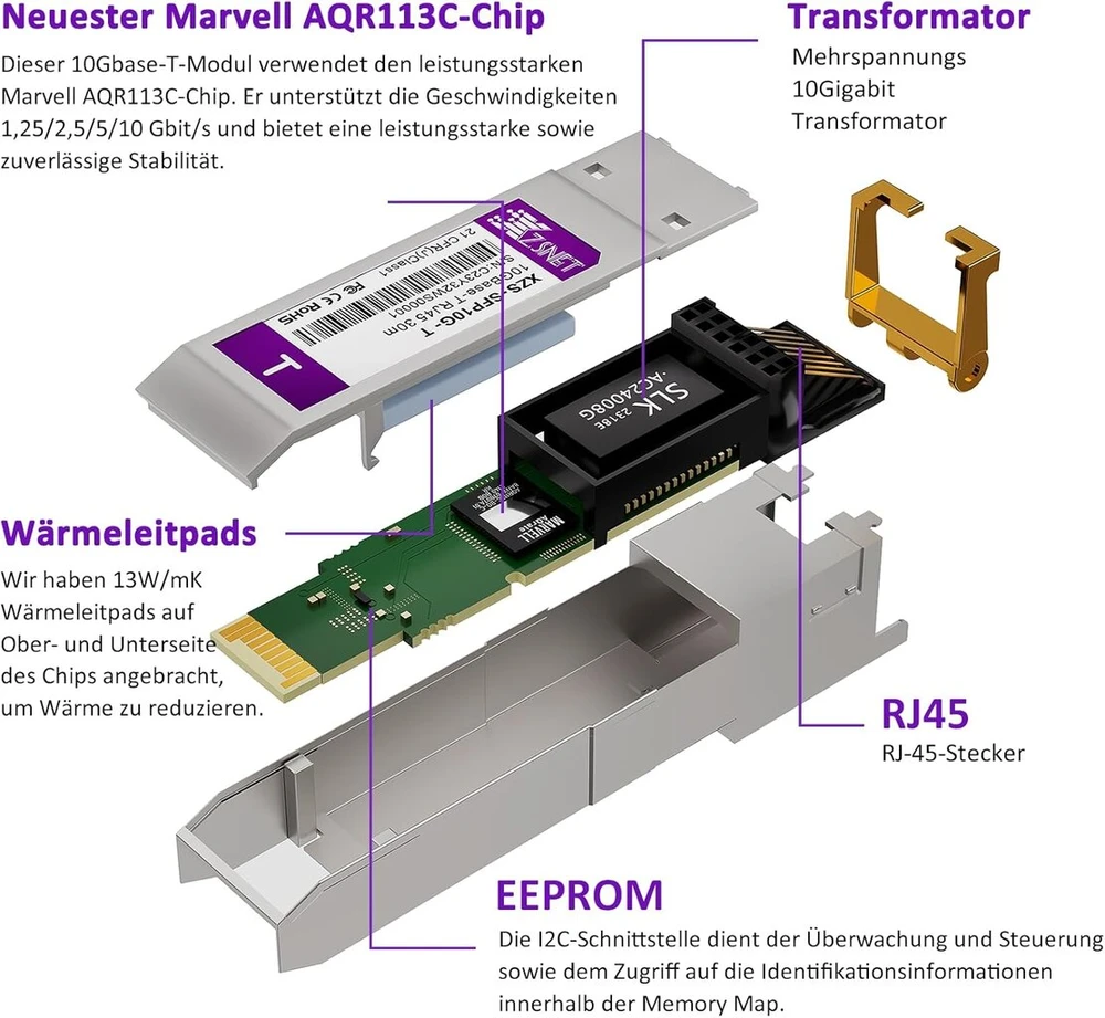 Xzsnet 10gbase-t Sfp+ siųstuvas-imtuvas, Sfp+ į Rj45, 10g varinis Sfp+ į eterneto modulį, suderinamas su Cisco Sfp-10g-t-s, Ubiquiti Unifi Uf-rj45-10g, Mikrotik, Meraki, Netgear, Tp-link ir daugiau, 1