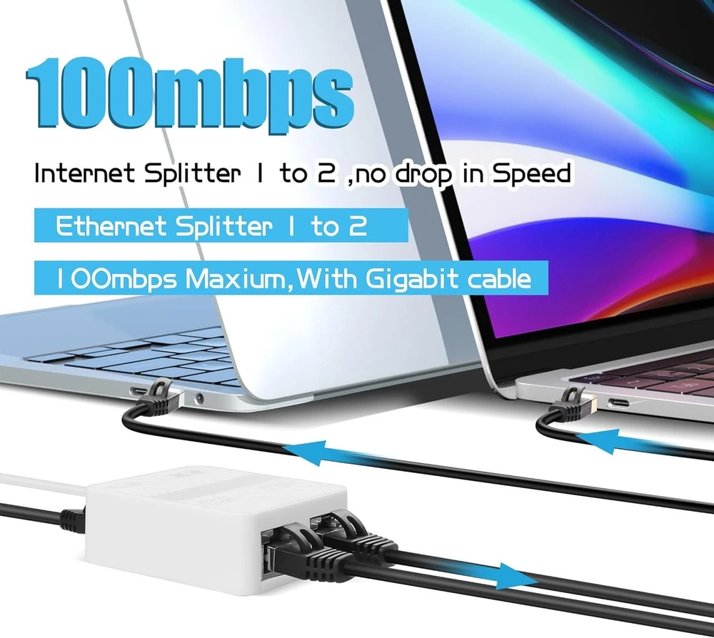 Yacsejao Ethernet skirstytuvas 1 į 2 išėjimus 100 Mbps tinklo ilgiklio adapteris su Usb C maitinimo laidu, tinklo Lan adapteris, skirtas Cat5/5e/6/7/8 kabeliui (vienu metu prijungiami 2 tinklo įrenginiai) (baltas)