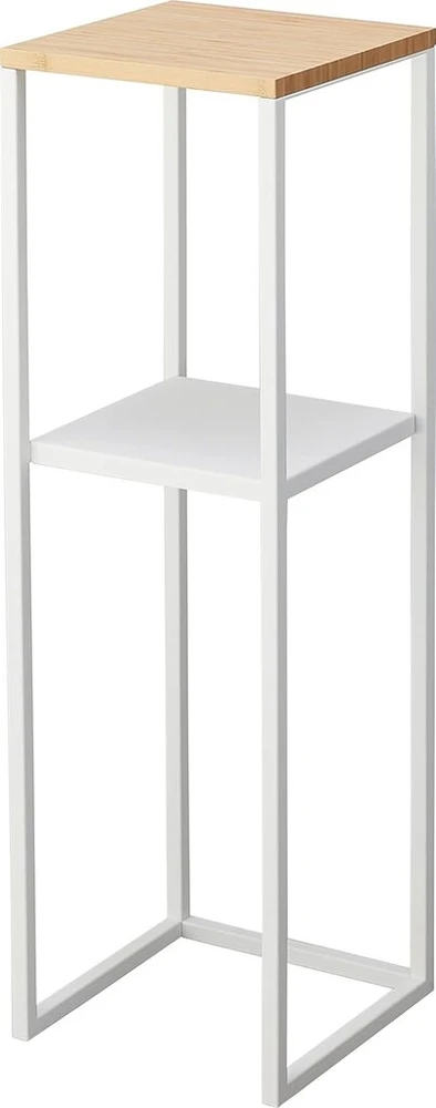 Yamazaki 5983 Tower lentyna su mediniu viršumi ir 2 lygiais, balta, plienas/bambukas, minimalistinis dizainas, 25 x 25 x 80 cm (i x P x A)